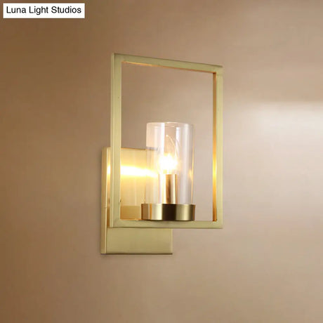 Contemporary Brass Wall Sconce With Clear Glass Shade - Cylindrical Bedroom Light Fixture