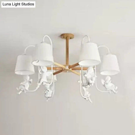 Contemporary Chandelier Light With Tapered Shade - Fabric & Wood Ideal For Child Bedroom