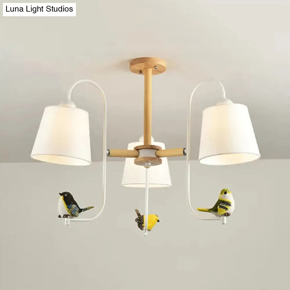 Contemporary Chandelier Light With Tapered Shade - Fabric & Wood Ideal For Child Bedroom