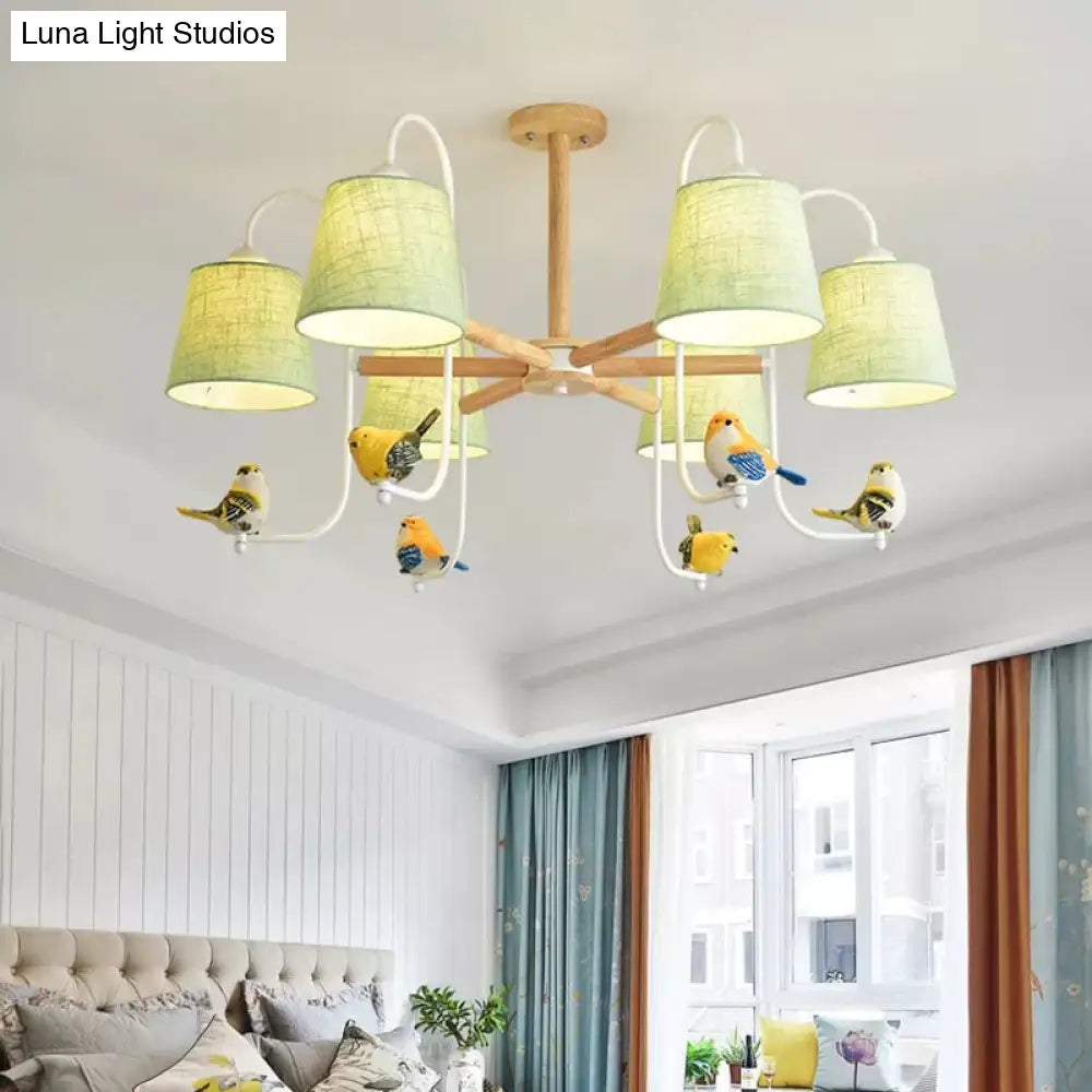 Contemporary Chandelier Light With Tapered Shade - Fabric & Wood Ideal For Child Bedroom