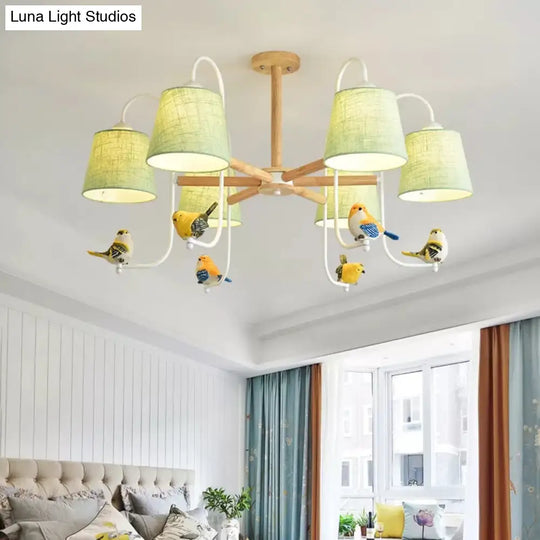 Contemporary Chandelier Light With Tapered Shade - Fabric & Wood Ideal For Child Bedroom
