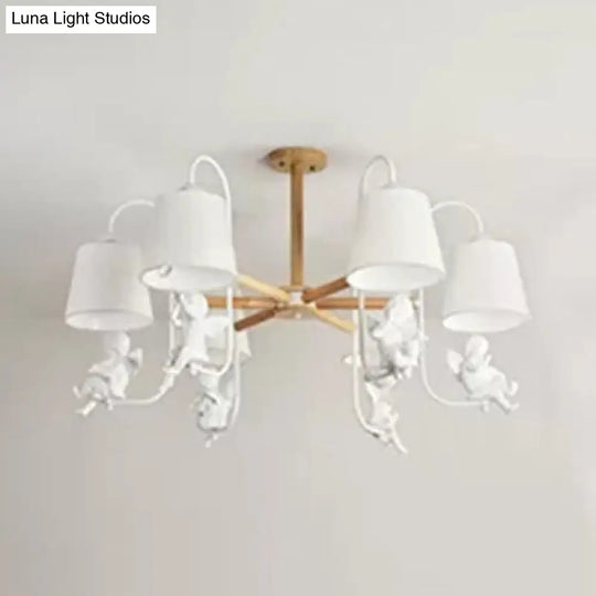 Contemporary Chandelier Light With Tapered Shade - Fabric & Wood Ideal For Child Bedroom