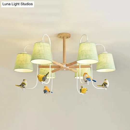 Contemporary Chandelier Light With Tapered Shade - Fabric & Wood Ideal For Child Bedroom