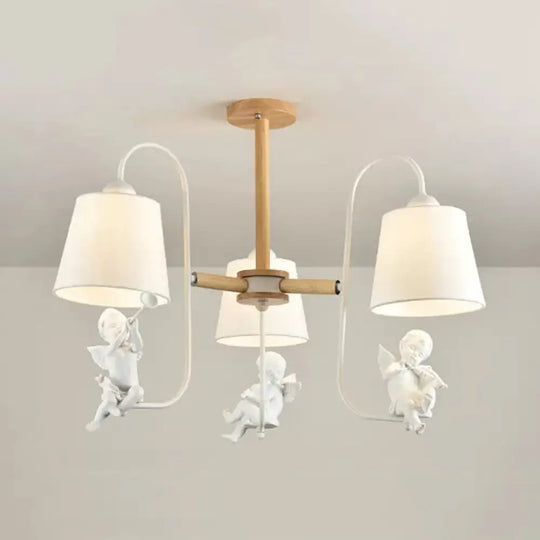 Contemporary Chandelier Light With Tapered Shade - Fabric & Wood Ideal For Child Bedroom 3 / White A