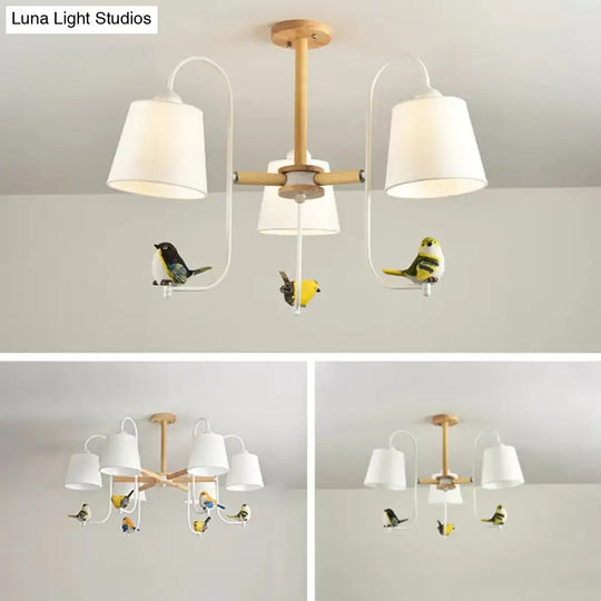Contemporary Chandelier Light With Tapered Shade - Fabric & Wood Ideal For Child Bedroom