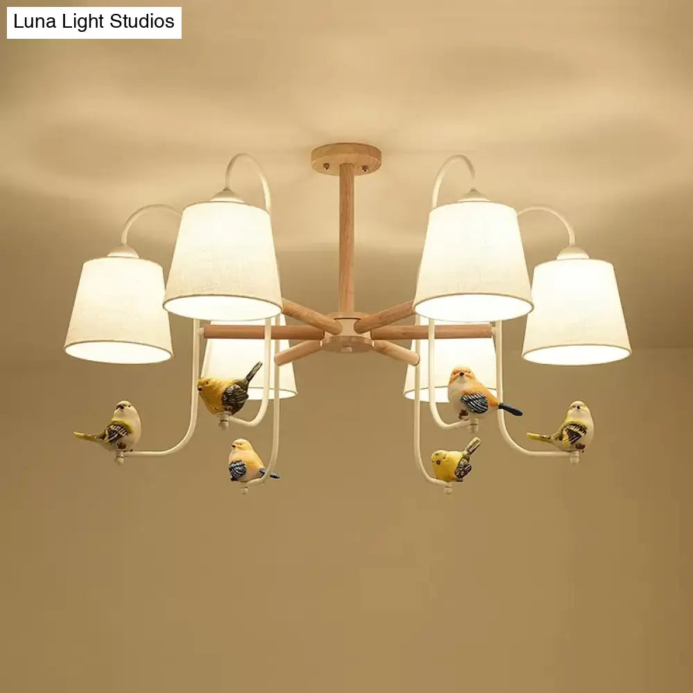Contemporary Chandelier Light With Tapered Shade - Fabric & Wood Ideal For Child Bedroom