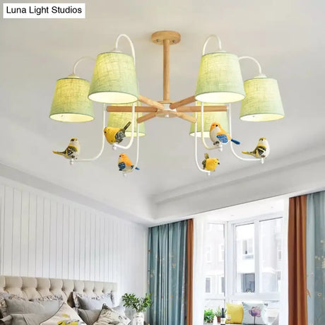 Contemporary Chandelier Light With Tapered Shade - Fabric & Wood Ideal For Child Bedroom