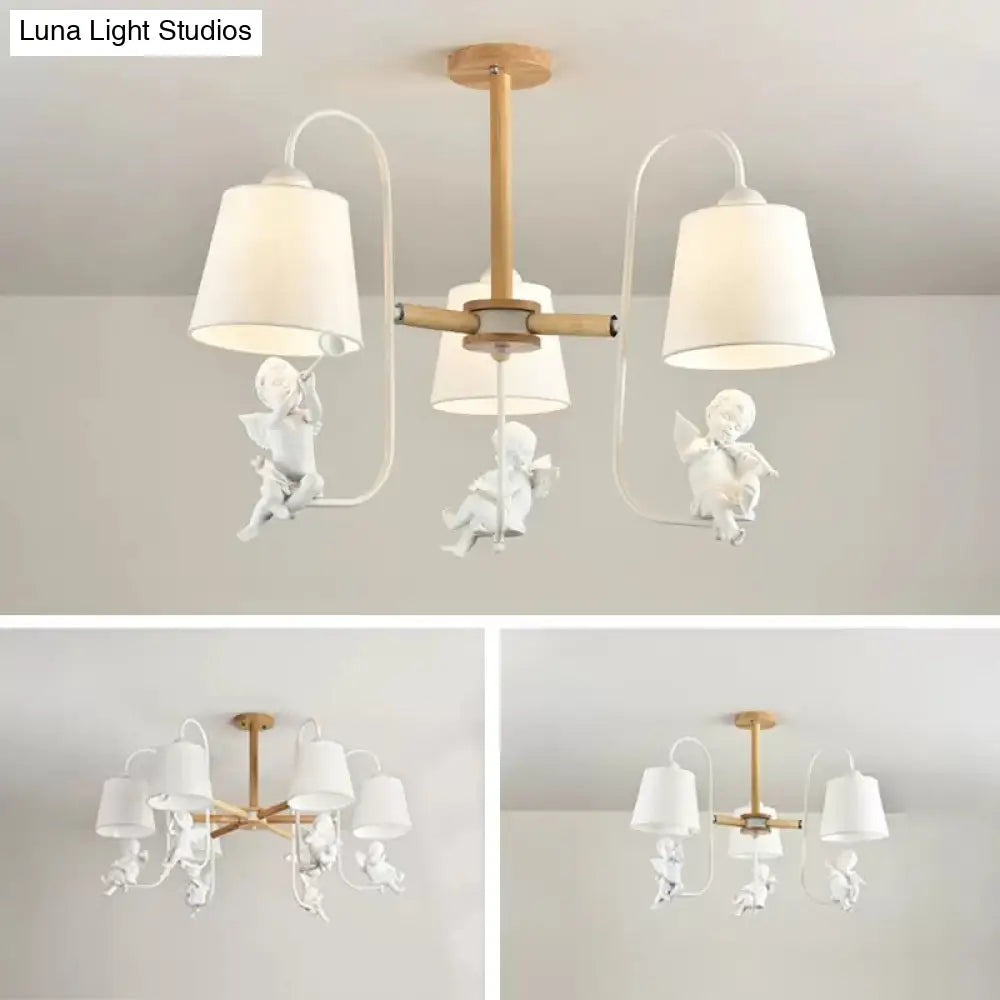 Contemporary Chandelier Light With Tapered Shade - Fabric & Wood Ideal For Child Bedroom
