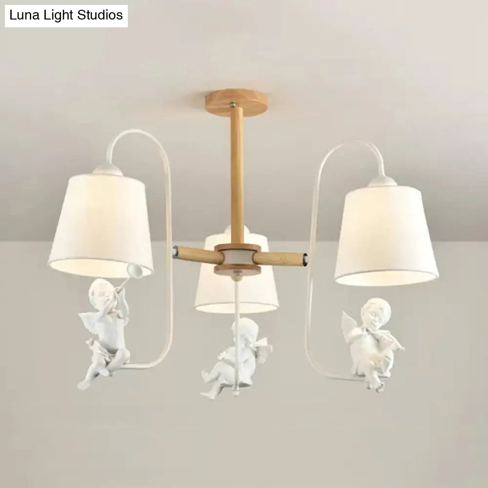 Contemporary Chandelier Light With Tapered Shade - Fabric & Wood Ideal For Child Bedroom