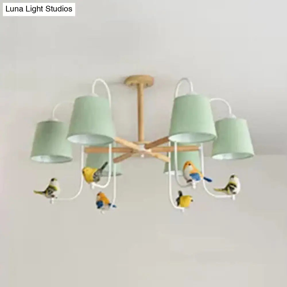 Contemporary Chandelier Light With Tapered Shade - Fabric & Wood Ideal For Child Bedroom