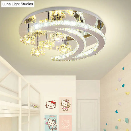 Contemporary Chrome Flush Light With Clear Crystal Moon And Star Design - Led Close To Ceiling Lamp