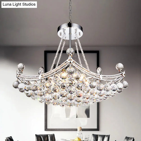 Contemporary Chrome/Gold Clear Crystal Balls Hanging Chandelier - 6-Bulb Cornice Frame Pendant