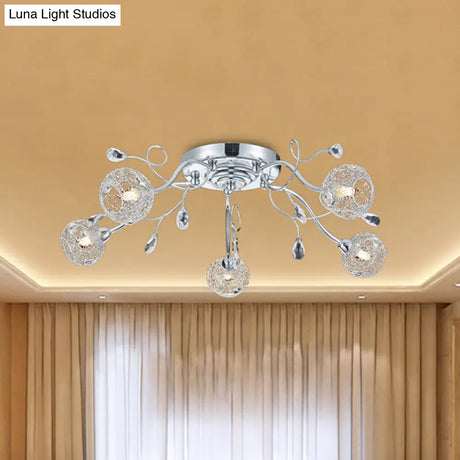 Contemporary Chrome Led Semi Mount Ceiling Light With Metal Mesh Shade – Stylish 5 - Light
