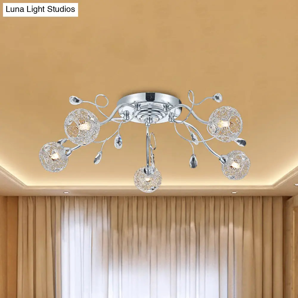 Contemporary Chrome Led Semi Mount Ceiling Light With Metal Mesh Shade – Stylish 5 - Light