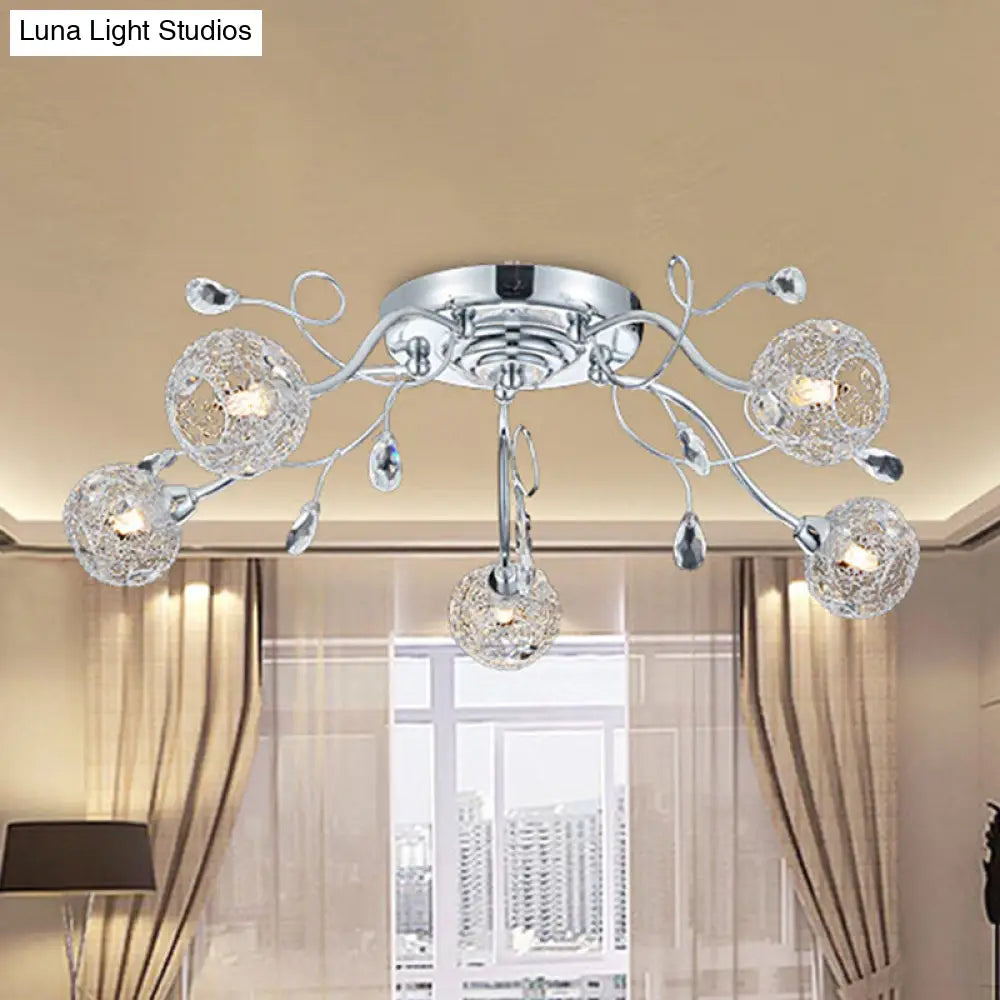 Contemporary Chrome Led Semi Mount Ceiling Light With Metal Mesh Shade Stylish 5-Light Fixture For