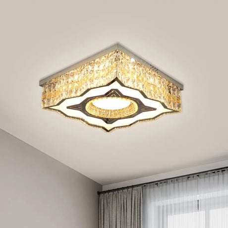 Contemporary Clear Crystal And Stainless-Steel Led Flush Mount Lamp With Curvy-Side Square Design