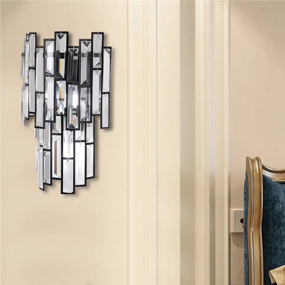 Contemporary Clear Crystal Block Led Wall Lamp In Sleek Black Finish - Ideal For Corridor Lighting