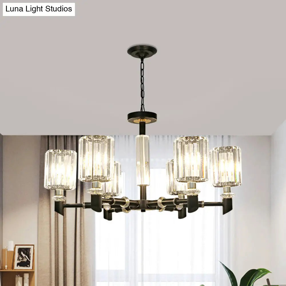 Contemporary 3/6 Bulb Clear Crystal Chandelier With Black Metal Frame