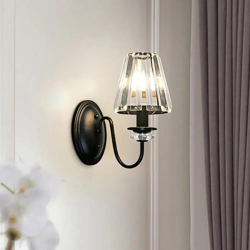 Contemporary Clear Crystal Cone Wall Mount Light - 1-Bulb Black Finish Lamp For Bedroom / B