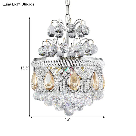 Contemporary Clear Crystal Orbs Chandelier With Silver Drop/Leaf Design - 3 Bulb Suspension Pendant