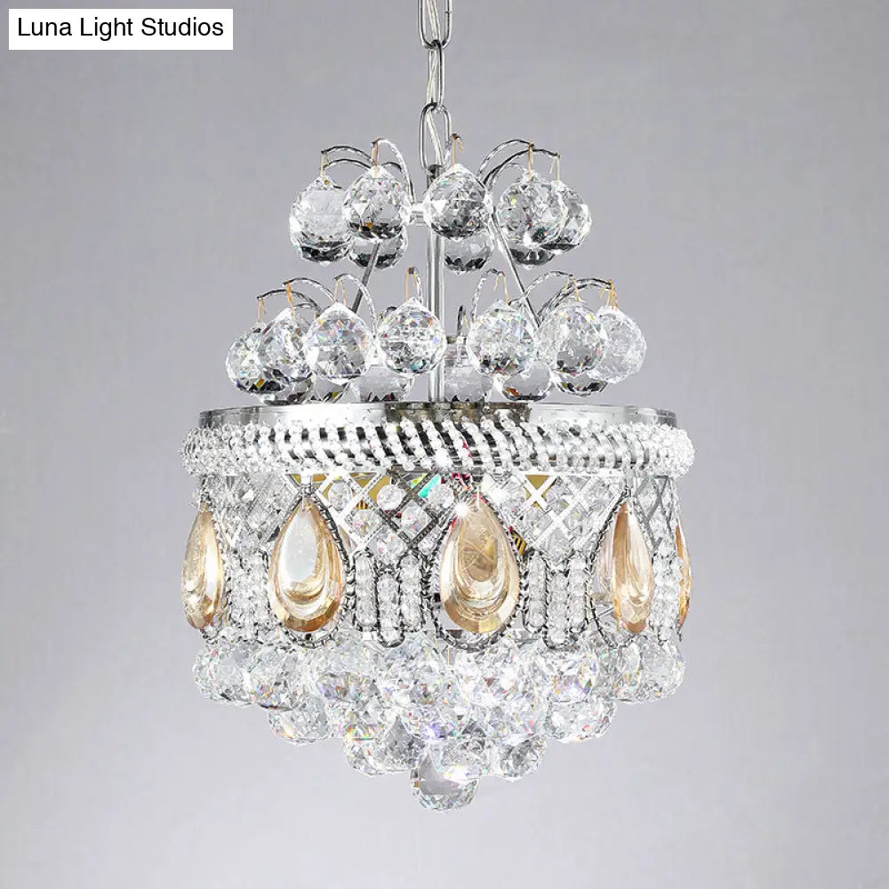 Contemporary Clear Crystal Orbs Chandelier With Silver Drop/Leaf Design - 3 Bulb Suspension Pendant