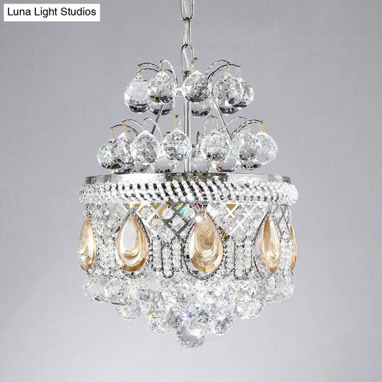 Contemporary Clear Crystal Orbs Chandelier With Silver Drop/Leaf Design - 3 Bulb Suspension Pendant