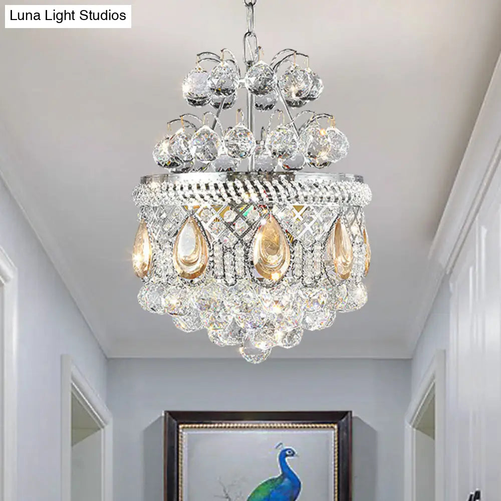 Contemporary Clear Crystal Orbs Chandelier With Silver Drop/Leaf Design - 3 Bulb Suspension Pendant