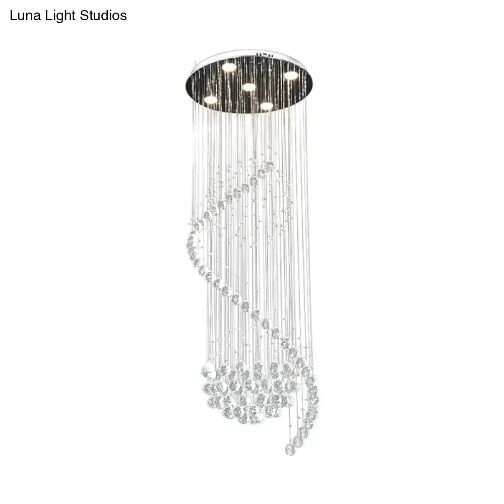Contemporary Clear Crystal Spiral Led Pendant Light With 5 Multi-Lights - Ideal For Living Room