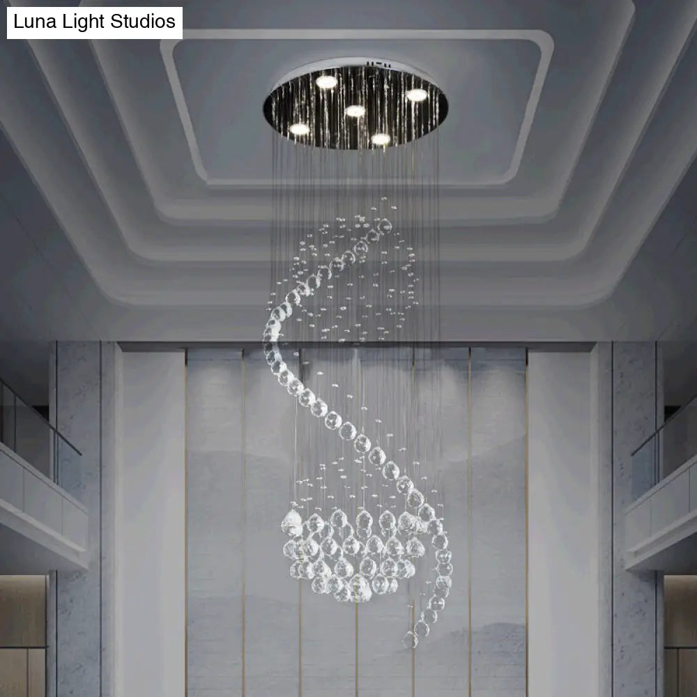 Contemporary Clear Crystal Spiral Led Pendant Light With 5 Multi-Lights - Ideal For Living Room