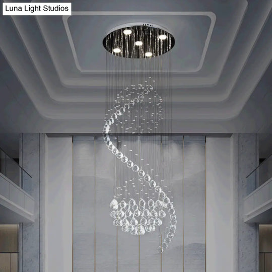 Contemporary Clear Crystal Spiral Led Pendant Light With 5 Multi-Lights - Ideal For Living Room