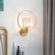 Contemporary Clear Crystal Wall Mount Sconce With Gold Accents And Ring Frame - 1 Bulb Light