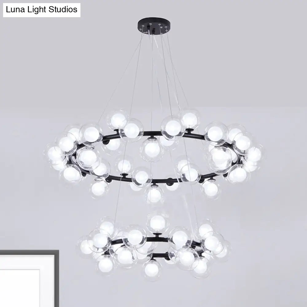 Contemporary Clear Glass Bubble Chandelier Light - Black Finish 2/3 Tiers Metal Ring Hanging Lamp