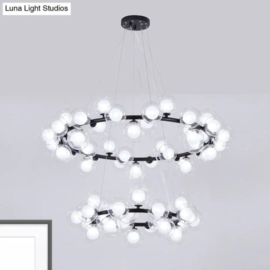 Contemporary Clear Glass Bubble Chandelier Light - Black Finish 2/3 Tiers Metal Ring Hanging Lamp