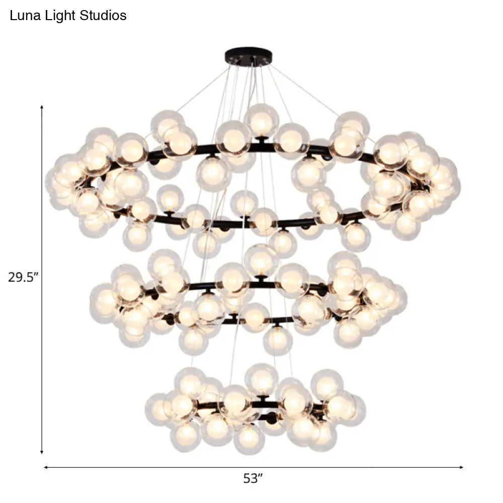 Contemporary Clear Glass Bubble Chandelier Light - Black Finish 2/3 Tiers Metal Ring Hanging Lamp