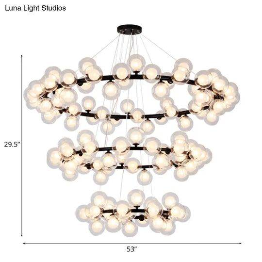 Contemporary Clear Glass Bubble Chandelier Light - Black Finish 2/3 Tiers Metal Ring Hanging Lamp