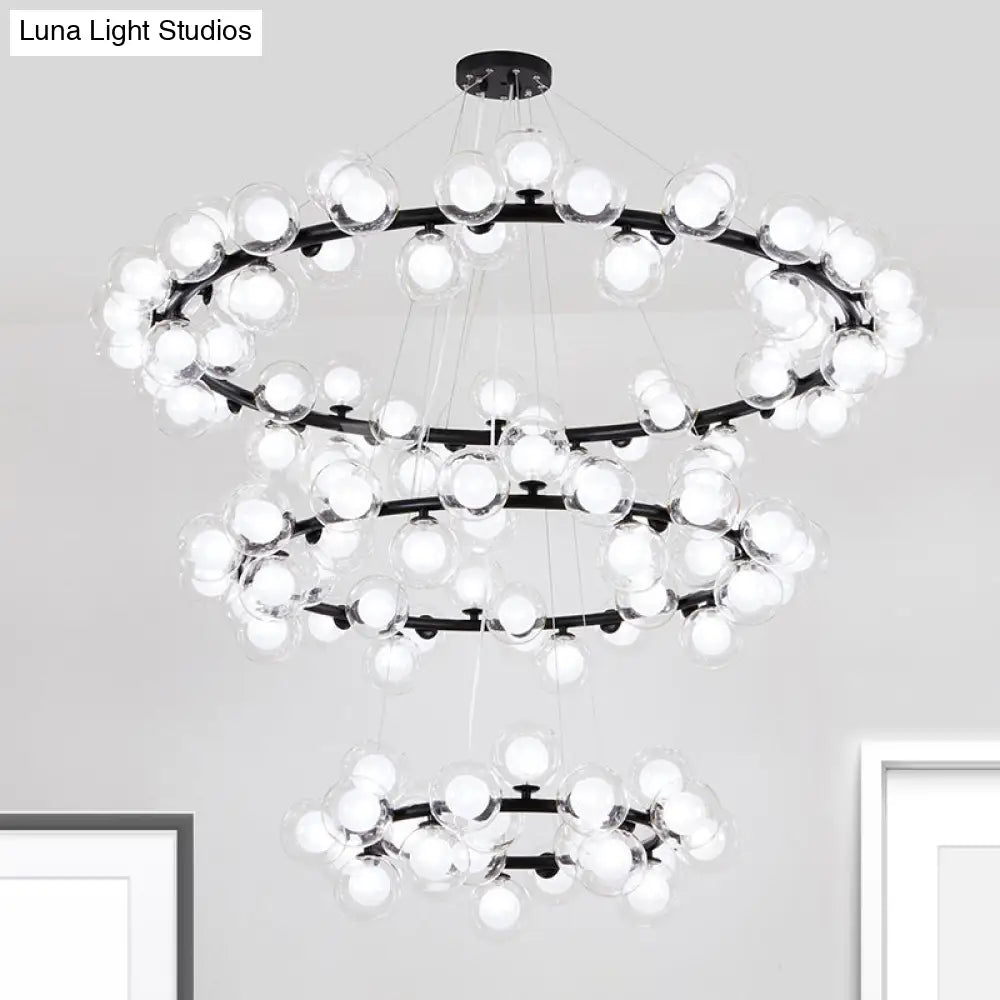 Contemporary Clear Glass Bubble Chandelier Light - Black Finish 2/3 Tiers Metal Ring Hanging Lamp