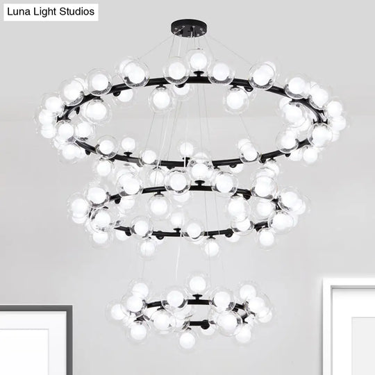 Contemporary Clear Glass Bubble Chandelier Light - Black Finish 2/3 Tiers Metal Ring Hanging Lamp