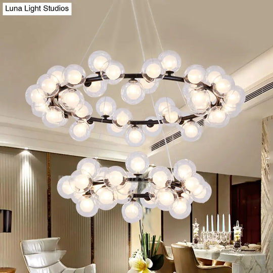 Contemporary Clear Glass Bubble Chandelier Light - Black Finish 2/3 Tiers Metal Ring Hanging Lamp