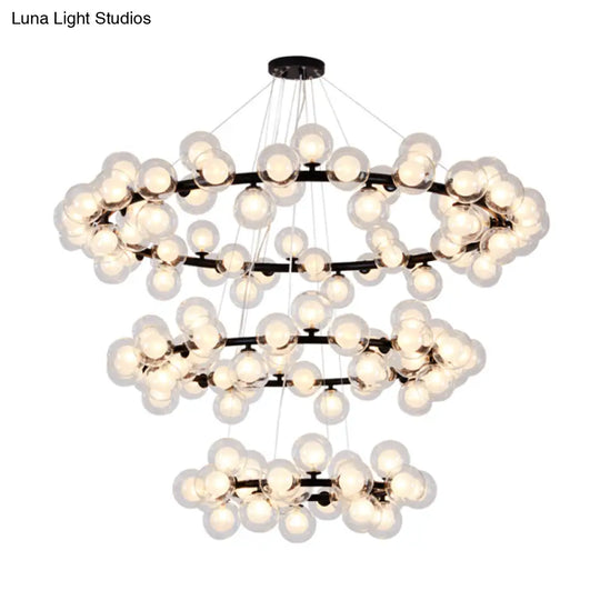 Contemporary Clear Glass Bubble Chandelier Light - Black Finish 2/3 Tiers Metal Ring Hanging Lamp
