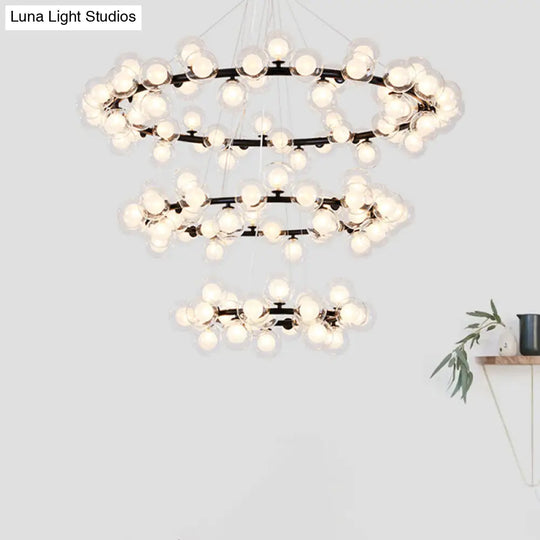 Contemporary Clear Glass Bubble Chandelier Light - Black Finish 2/3 Tiers Metal Ring Hanging Lamp