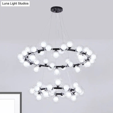 Contemporary Clear Glass Bubble Chandelier Light - Black Finish 2/3 Tiers Metal Ring Hanging Lamp