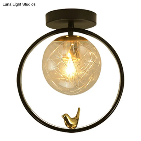 Contemporary Clear Glass Ceiling Light: Spherical Semi Flush Fixture With Single Bulb Black Mount