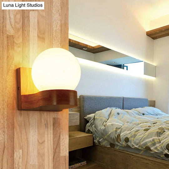 Contemporary Cream Glass Led Sconce Light Fixture For Living Room Wall In Wood