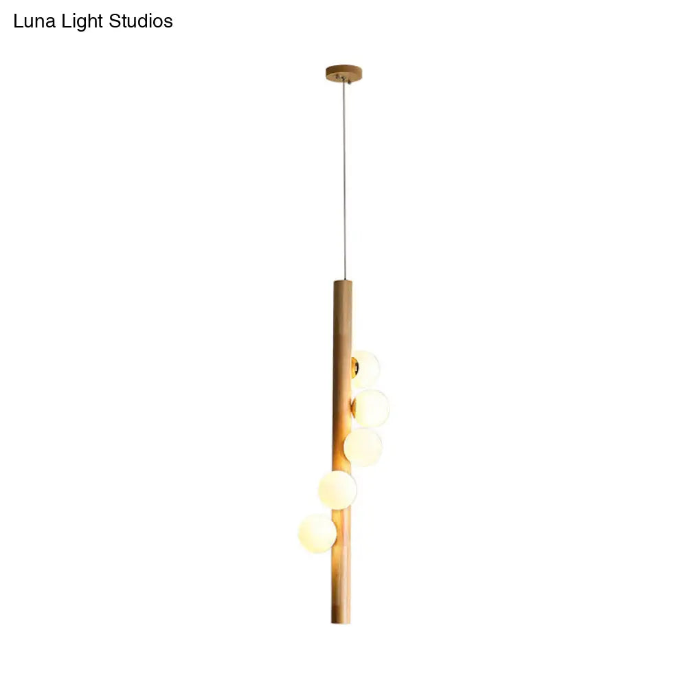 Contemporary Cream Glass Modo Chandelier Lighting With 5 Wood Pendant Lights – Ideal For Restaurants