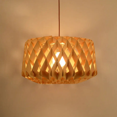 Contemporary Cross-Weave Wood Drum Pendant - 1 Head Beige Suspended Lamp Fixture