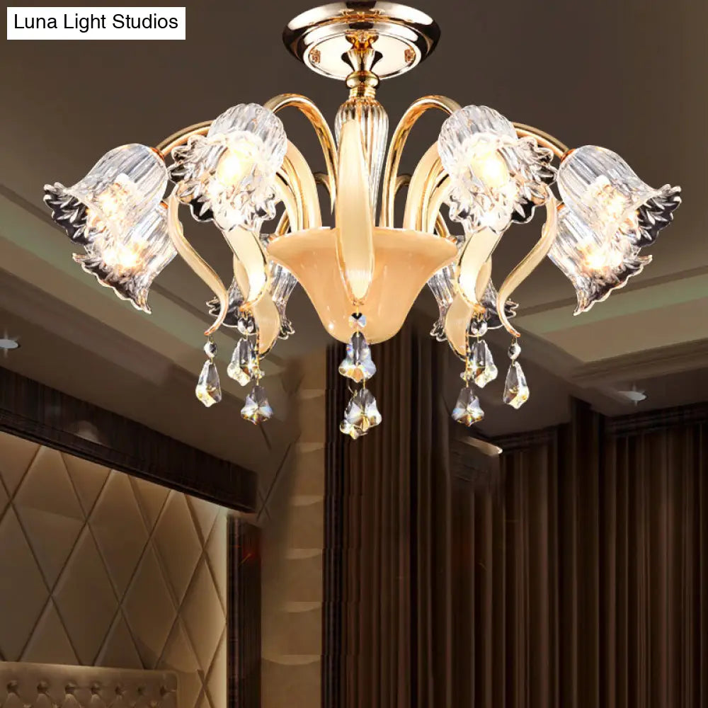 Contemporary Crystal 8-Head Gold Flower Bedroom Ceiling Lamp