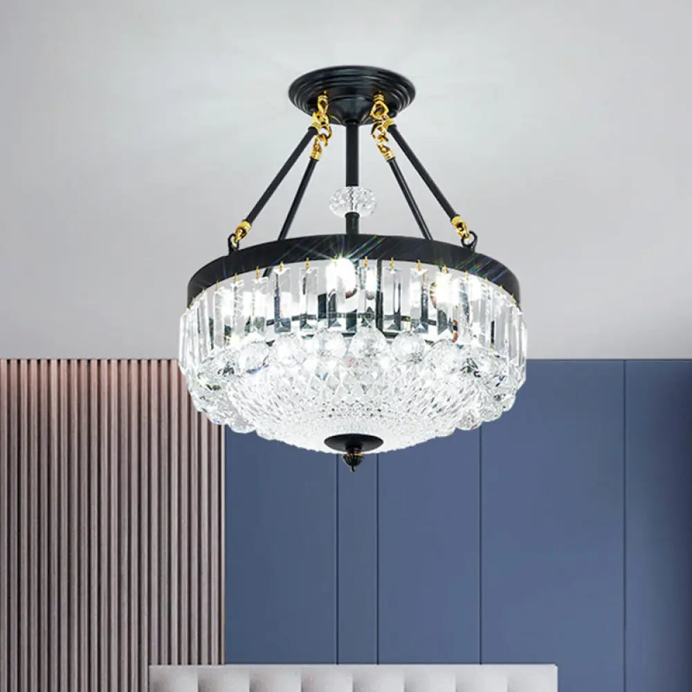 Contemporary Crystal Bowl Semi Flush Light - 4/6 Heads 14.5’/18.5’ Width Ceiling Mount Black