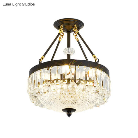 Contemporary Crystal Bowl Semi Flush Light - 4/6 Heads 14.5’/18.5’ Width Ceiling Mount Black Frame