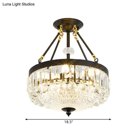 Contemporary Crystal Bowl Semi Flush Light - 4/6 Heads 14.5’/18.5’ Width Ceiling Mount Black Frame