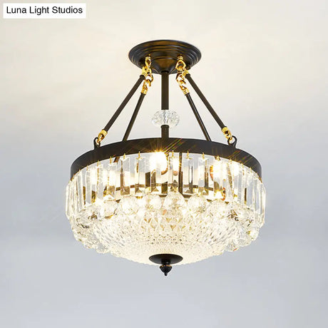 Contemporary Crystal Bowl Semi Flush Light - 4/6 Heads 14.5’/18.5’ Width Ceiling Mount Black Frame